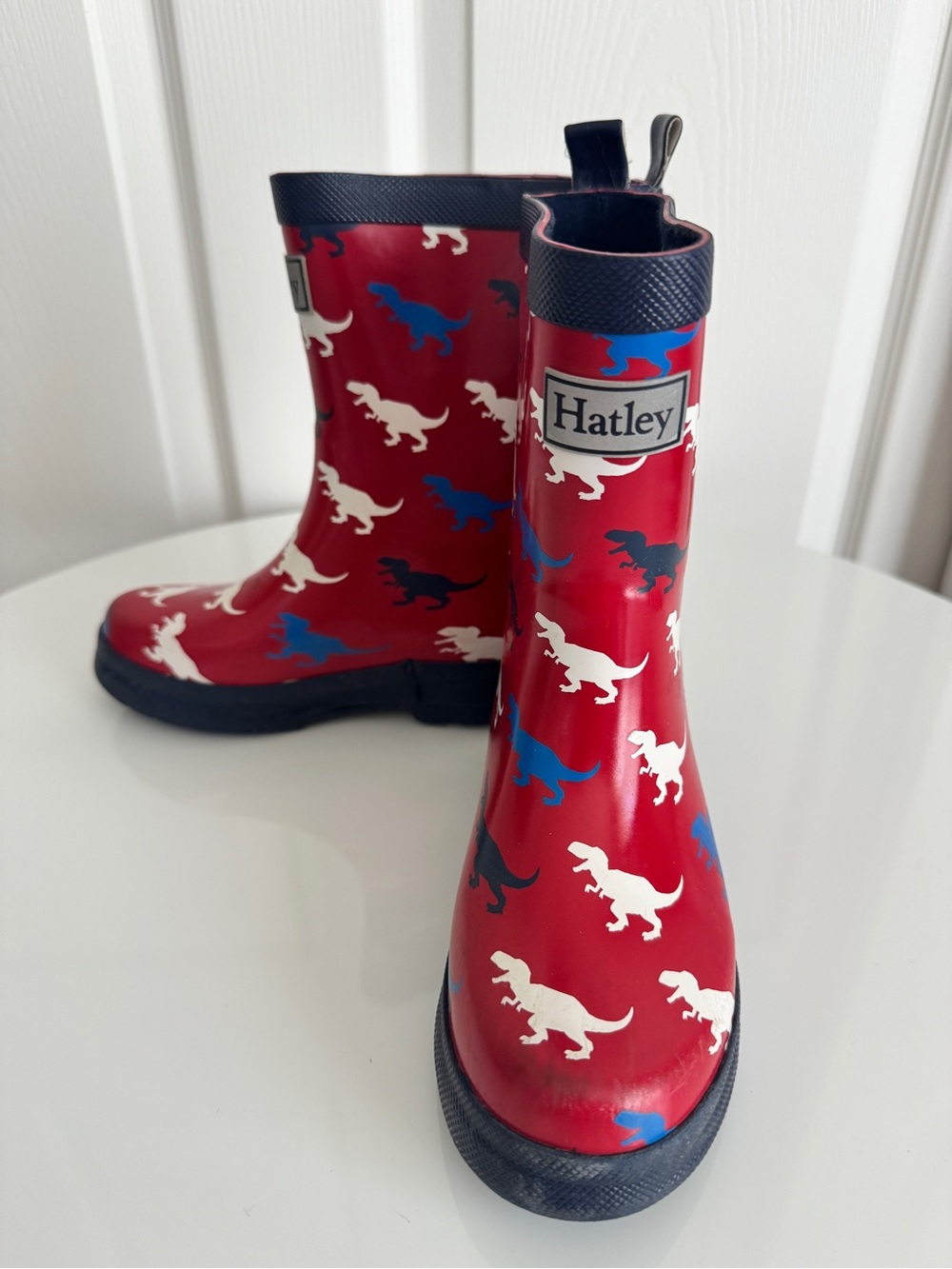 Hatley Red Rain Boots with Blue, White & Black T-Rex  Dinosaur Print, size 11